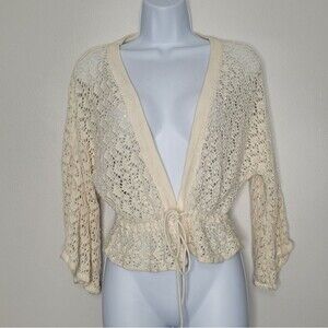 Vintage y2k cream Boho crochet tie front v neck ruffle cardigan Size large